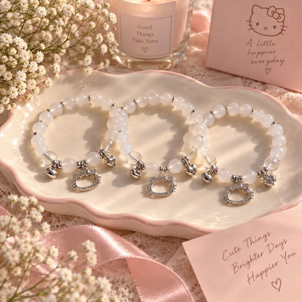 3 Kitty Charm Stretch Bracelets White Beaded Rhinestone Heart Kawaii Jewelry